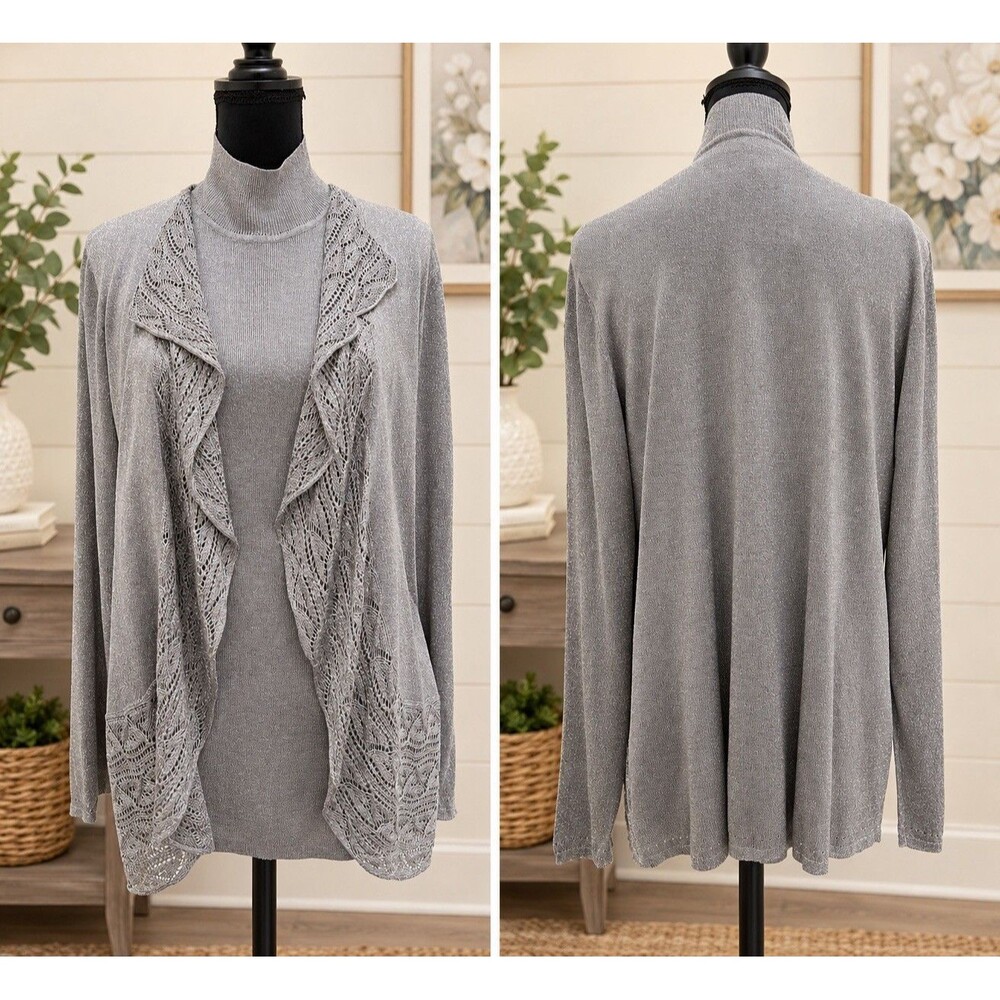 Chicos Sz 2 Womens Sz L  NWT 2 Piece Sparkly Silver Open Front Cardigan And Tank